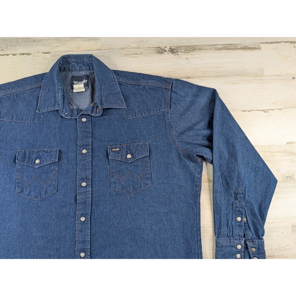 Vintage Wrangler Mens XL Denim Pearl Snap Western Shirt Blue Long Sleeve MS70119 - Picture 4 of 11